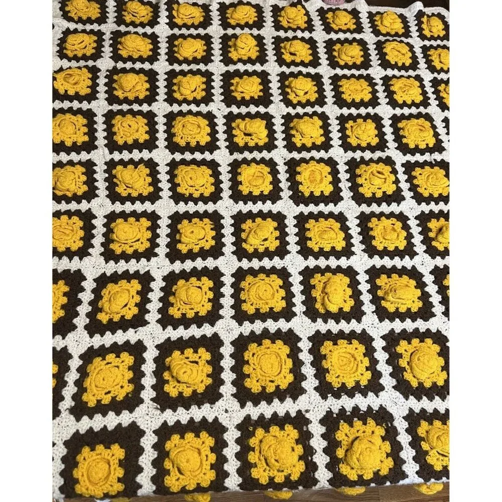 Handmade Crochet‎ Knit Floral Granny Square Blanket Yellow Brown White 55”x42”